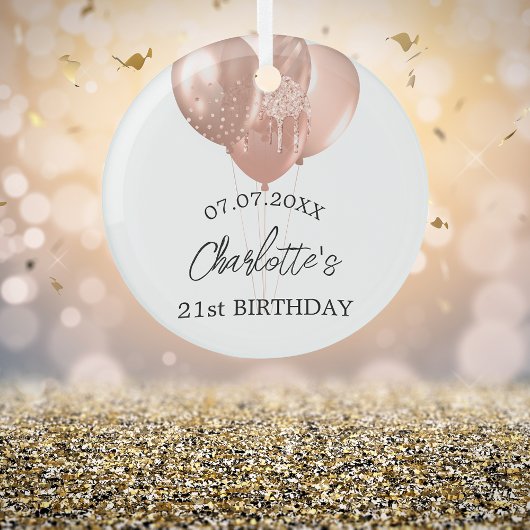 Verjaardag wit rosé gouden ballonnen naam glas ornament