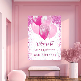 Verjaardag wit roze ballonnen meisje welkom feest poster