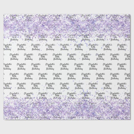 Verjaardag wit violet lavendel glitter naam cadeaupapier (Vlak)