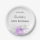 Verjaardag wit violette bloemen zilver papieren bordje (Voorkant)