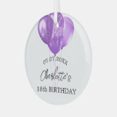 Verjaardag witte paarse ballonnen naam glas ornament (Voorkant links)