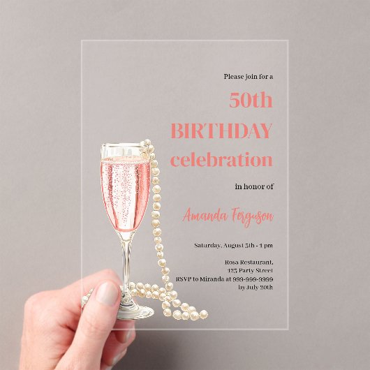 Verjaardag witte roze mousserende wijn parels held acryl uitnodigingen (Insitu (Draagbaar))