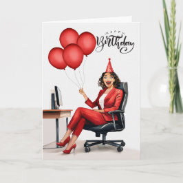 Verjaardag zakenvrouw in rood in een Kantoor-stoel Kaart