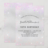 Verjaardag zilver roze paarse glitter kaart (Voorkant / Achterkant)