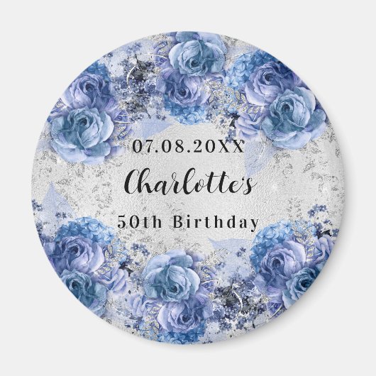 Verjaardag zilveren blauwe bloemen opslaan de datu magneet (Voorkant)