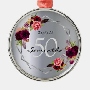 Verjaardag zilveren bloemen geometrische bordeaux metalen ornament