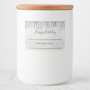 Verjaardag zilveren glitter druppels zelfgemaakt voedselcontainer etiket