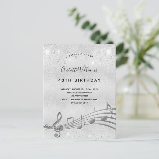 Verjaardag zilveren muzieknoten 40e uitnodiging (Staand voorkant)