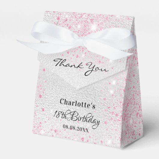 Verjaardag zilveren roze glitter dank u bedankdoosjes (Voorkant Zijde)
