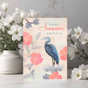 Verjaardag Zomer Bladeren Bloemen en Reiger  Kaart