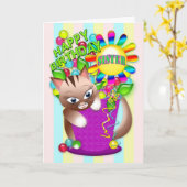 Verjaardag - Zus - Kitty Cat Celebrating Kaart (Gele Bloem)