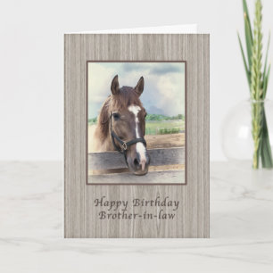Verjaardag, zwager, bruin paard met hoofdstel kaart