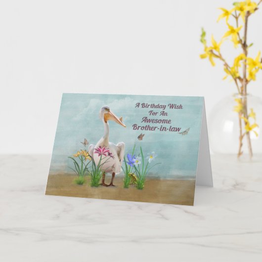 Verjaardag, zwager, pelikaan, bloemen kaart (Gele Bloem)