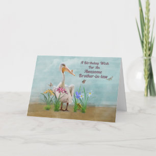 Verjaardag, zwager, pelikaan, bloemen kaart