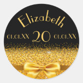 Verjaardag zwart goud boog naam datum ronde sticker (Voorkant)
