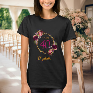 Verjaardag zwart goud bordeaux bloemen t-shirt