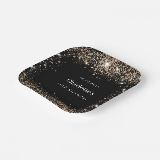 Verjaardag zwart goud glitter naam papieren bordje (Gebogen)
