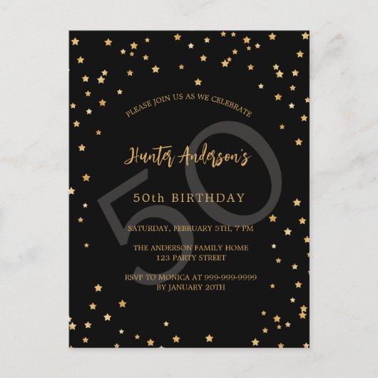 Verjaardag zwart gouden sterren nummer uitnodiging briefkaart (Voorkant)