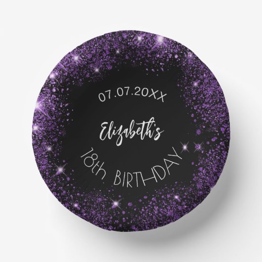 Verjaardag zwart paarse glitter meisjesnaam papieren kommen (Voorkant)
