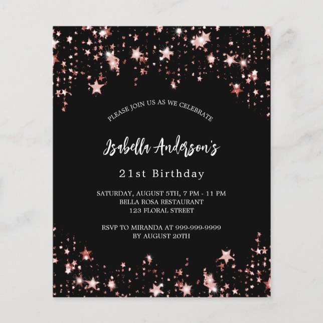 Verjaardag zwart roos gouden sterren uitnodiging (Voorkant)