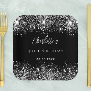 Verjaardag zwart zilver glitter schittert papieren bordje