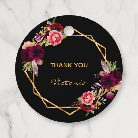 Verjaardag zwarte gouden bloem burgundy dank je we bedankjes labels (Achterkant)