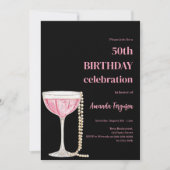 Verjaardag zwarte roze mousserende wijn parels kaart (Voorkant)