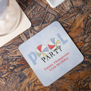 Verjaardag Zwembad Party Zomer Leuk Strand Ballen Vierkante Kartonnen Onderzetter