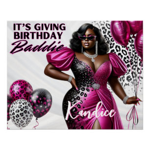Verjaardags Baddie Roze & Zwarte Luipaard Glam Fee Perfect Poster