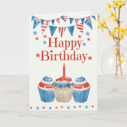 Verjaardags cupcake rood wit blauw 4 juli kaart (Gele Bloem)