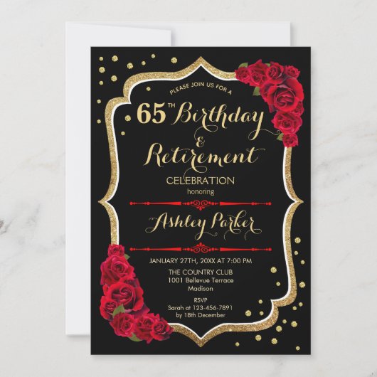 Verjaardags- en pensioenfeest - Zwart Goud Rood Kaart (Voorkant)