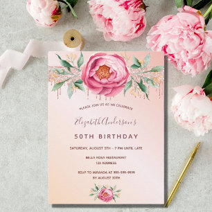 Verjaardags glitter roze roosgoud bloemen uitnodig briefkaart