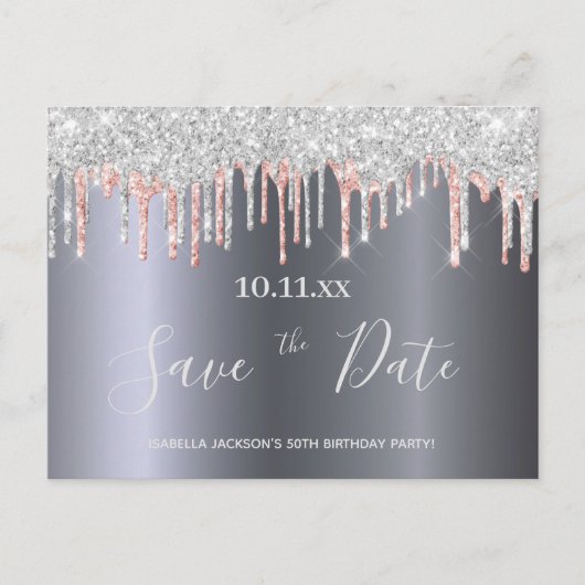 Verjaardags glitter zilver roze goud save the date briefkaart (Voorkant)