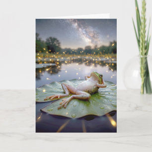 Verjaardags kikker op een waterlelie met vuurvlieg kaart
