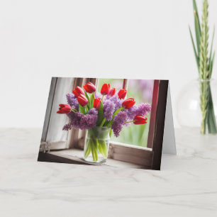 Verjaardags rode tulp en sering boeket kaart