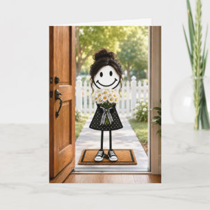 Verjaardags Stick Figure Meisje met een Boeket Mad Kaart