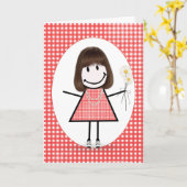 Verjaardags Stick Figure Meisje Op Rode Geruite St Kaart (Gele Bloem)
