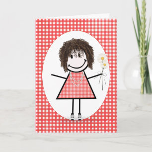 Verjaardags Stick Figure Meisje Op Rode Gingham Kaart