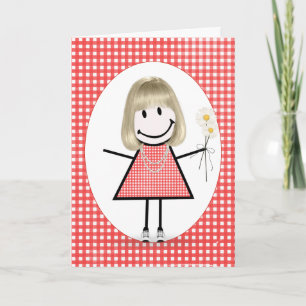 Verjaardags Stick Figure Meisje Op Rode Gingham Kaart