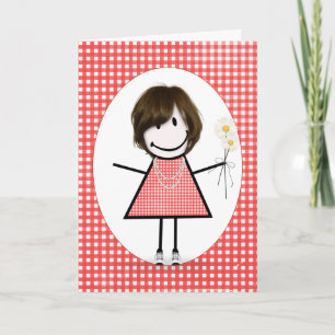 Verjaardags Stick Figure Meisje Op Rode Gingham  Kaart