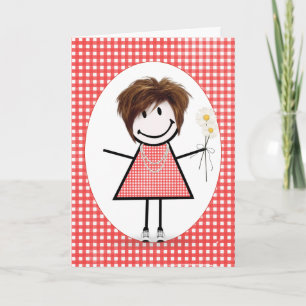 Verjaardags Stick Figure Meisje Op Rood Geruit Kaart