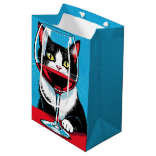 Verjaardags Tuxedo Kat Kijkt Door een Wijn Glas Medium Cadeauzakje