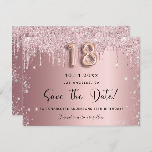 Verjaardags uitnodiging 18 jaar roze zilver save t (Voorkant / Achterkant)