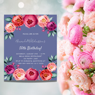 Verjaardags uitnodiging met blauwe roze bloemen en flyer