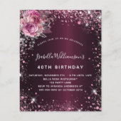 Verjaardags uitnodiging met burgundy glitters en b flyer (Voorkant)