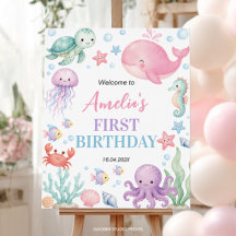 Verjaardags welkomstbord met cute oceandieren