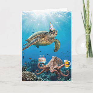 Verjaardags Zeeschildpad en Octopus Oceaan Feest Kaart