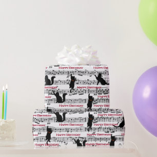 Verjaardags Zwarte Katten Op Bladmuziek Cadeaupapier