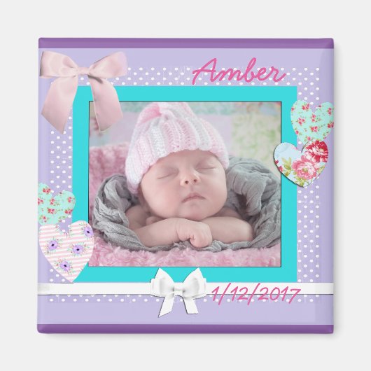 Verjaardagsaankondiging babyfoto paars en aqua magneet (Voorkant)