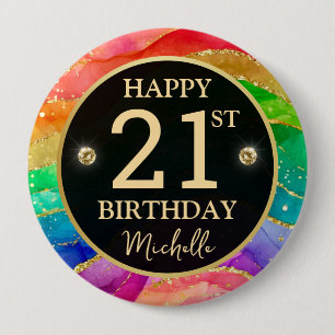 Verjaardagsbadge met regenboog agaat en gouden gli ronde button 4,0 cm